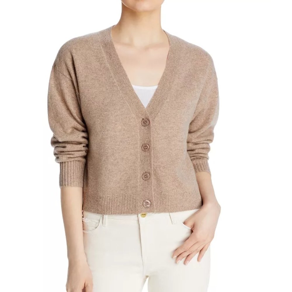 $198 AQUA Cashmere Shell Stitch Sleeve Cashmere Sweater-Wheat Ivory-NWT